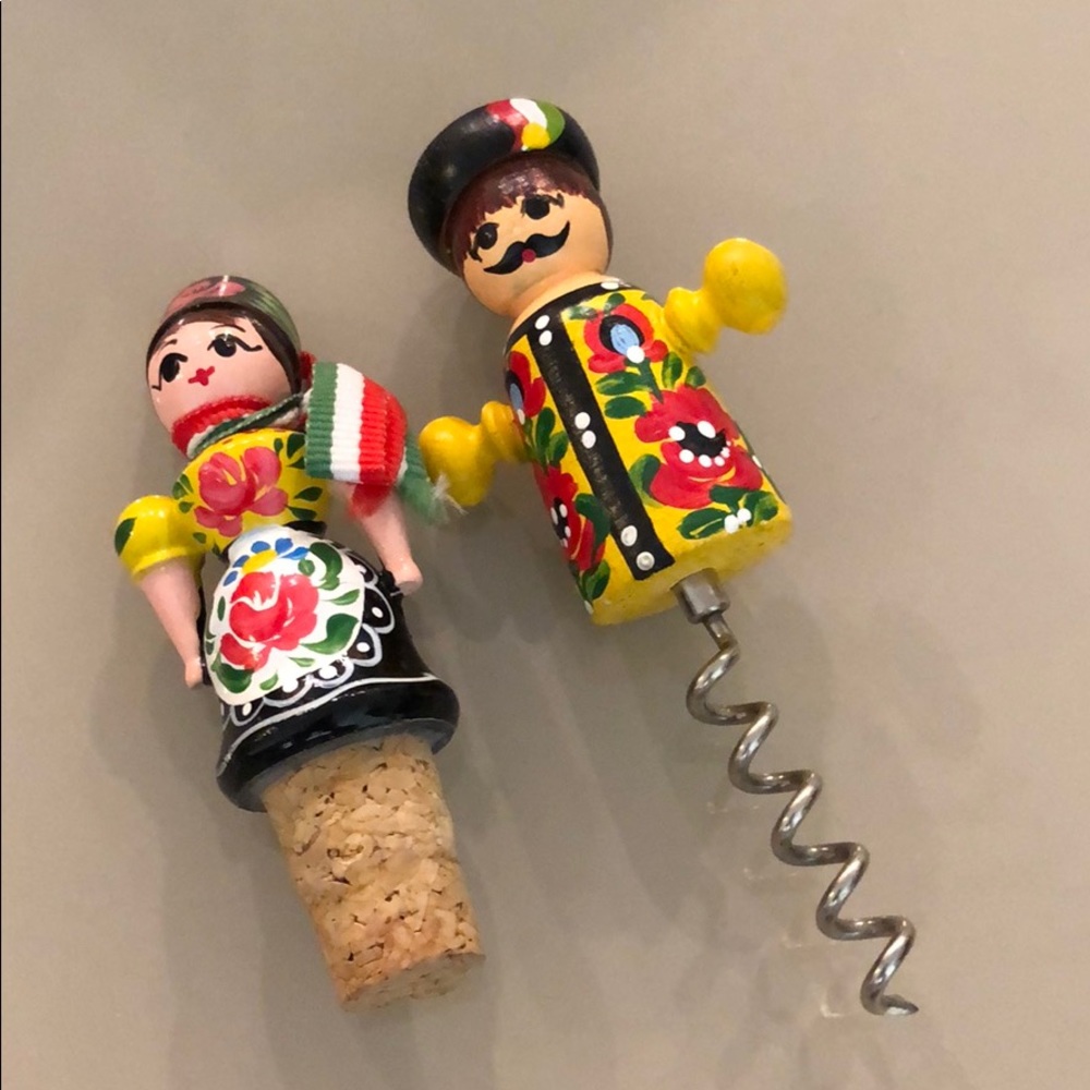 European figures vintage cork bottle & corkscrew